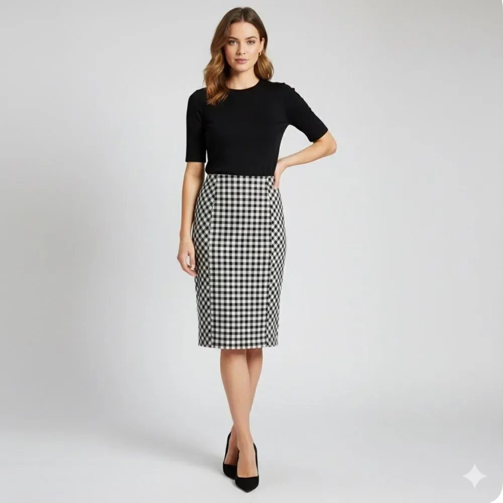 J. Jill Ponte Black and White Gingham Check Pencil Skirt Size Medium Pull on